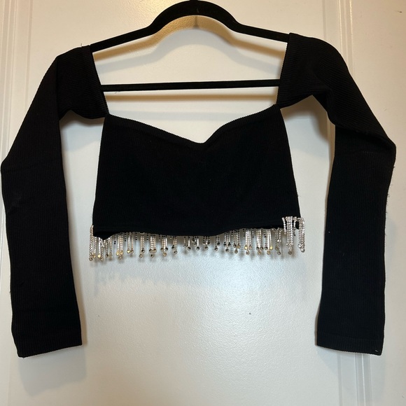 ZARA Off The Shoulder Black Rhinestone Seamless Crop Top Long Sleeve Size S!! - Picture 12 of 16